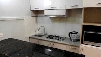 Fridge, microwave, oven, electric kettle