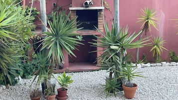 Un patio con plantas en macetas y una chimenea de ladrillo.