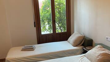 Habitación con dos camas, ventana con vistas a zonas verdes y lámpara en el techo.