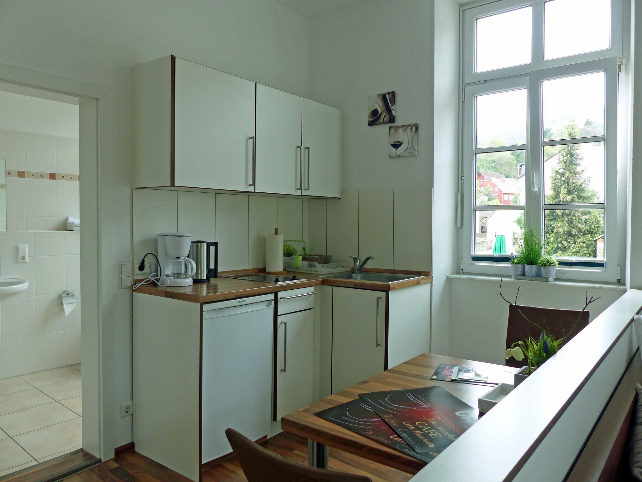 Wasserkocher mit Kaffee-/Teezubehör, Kühlschrank, Herdplatte