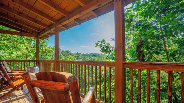 Una terraza de madera con vista a un bosque.