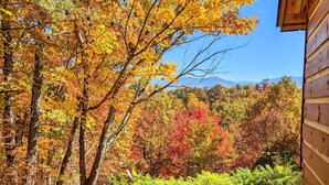 A view of a forested area with autumn foliage, a wooden building, and a clear sky. - McKenzie Cabin: A Cozy Romantic Updated Retreat with Mountain Views and Hot Tub (Sevierville)