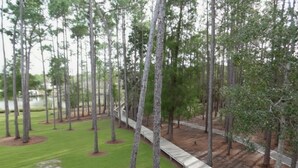 Un parque con un paseo de madera, césped verde y árboles altos.