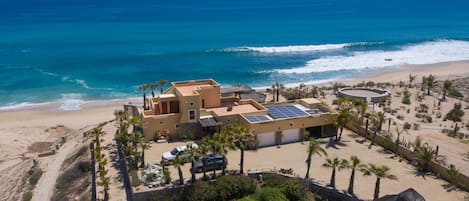 On the beach, sun loungers, beach towels