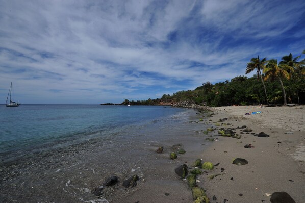 On the beach, sun-loungers, beach towels