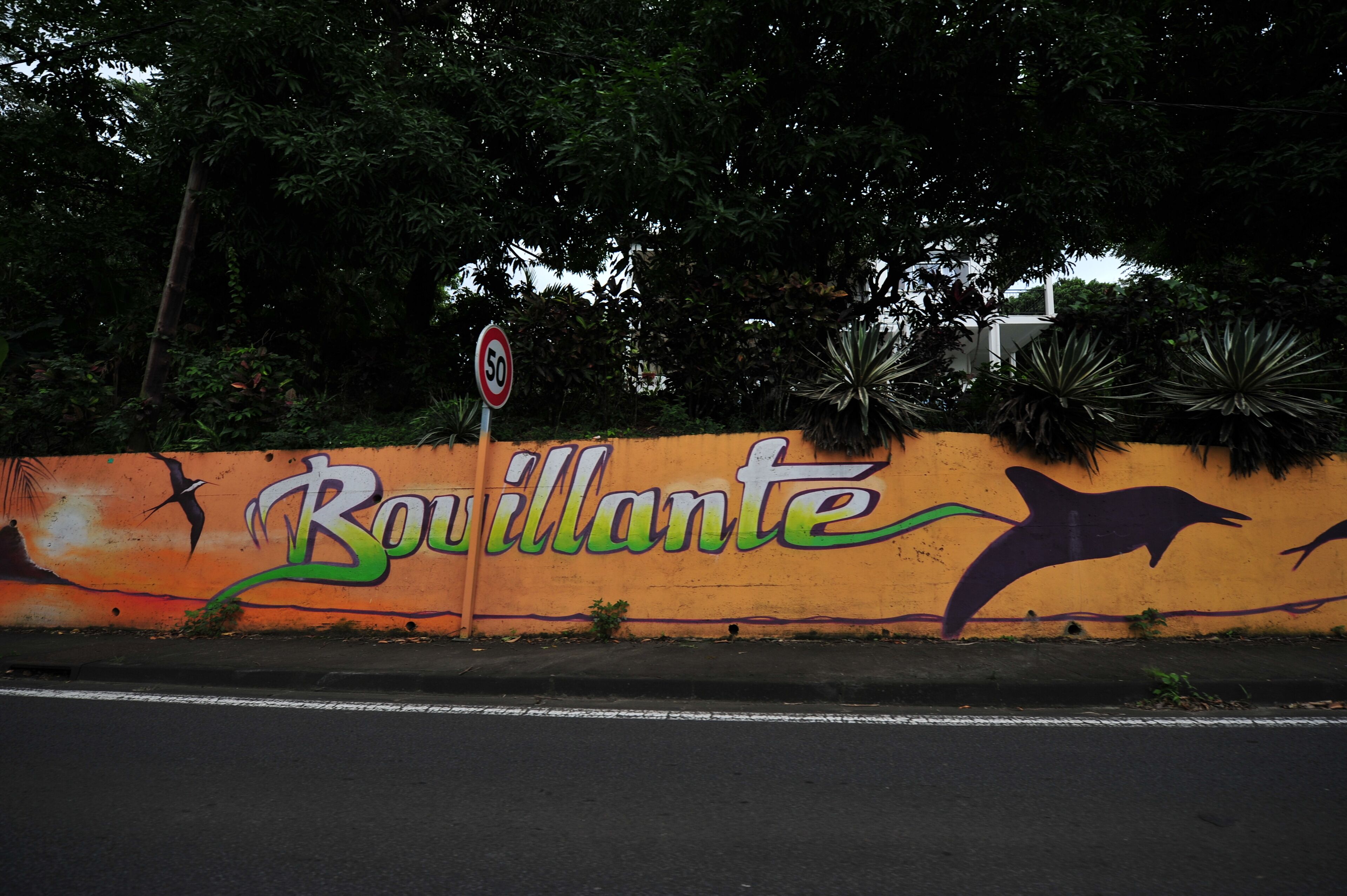 A wall with the word "Bovillante" and dolphin illustrations.