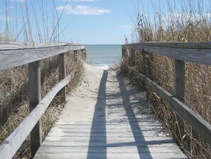 A wooden boardwalk leading to a beach with tall grasses on either side. - 2BR/2BA Oceanfront Condo, Pool, Sleeps 6, monthly optional b/w nov and feb 28th (Carolina Beach)