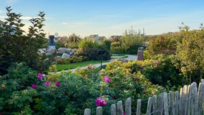 A garden with a winding path, a wooden fence, and various plants and flowers. - Stunning home in OstseeResort Olpenitz with sauna (OstseeResort Olpenitz)