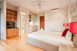 A bedroom with a bed, a TV, a ceiling fan, and a kitchenette.