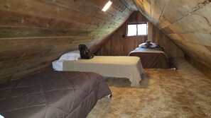 Une petite chambre mansardée avec deux lits, une fenêtre et des murs en bois.