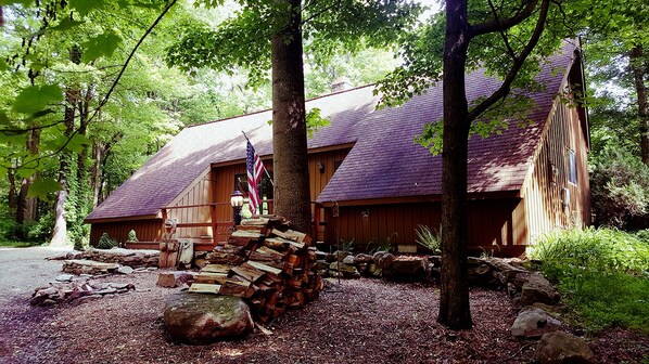 Une cabane rustique avec une façade en bois, un toit en pente et un drapeau américain.