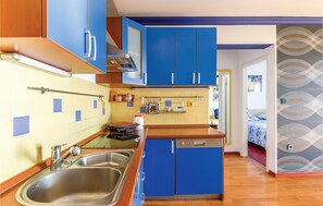 Fridge, stovetop, dishwasher, coffee/tea maker