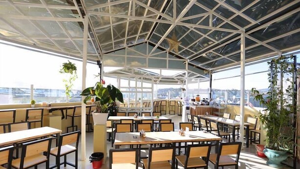 An indoor dining area with tables and chairs, large windows, and potted plants. - Trung Nhan Hotel (Cam Ly - Da Lat)