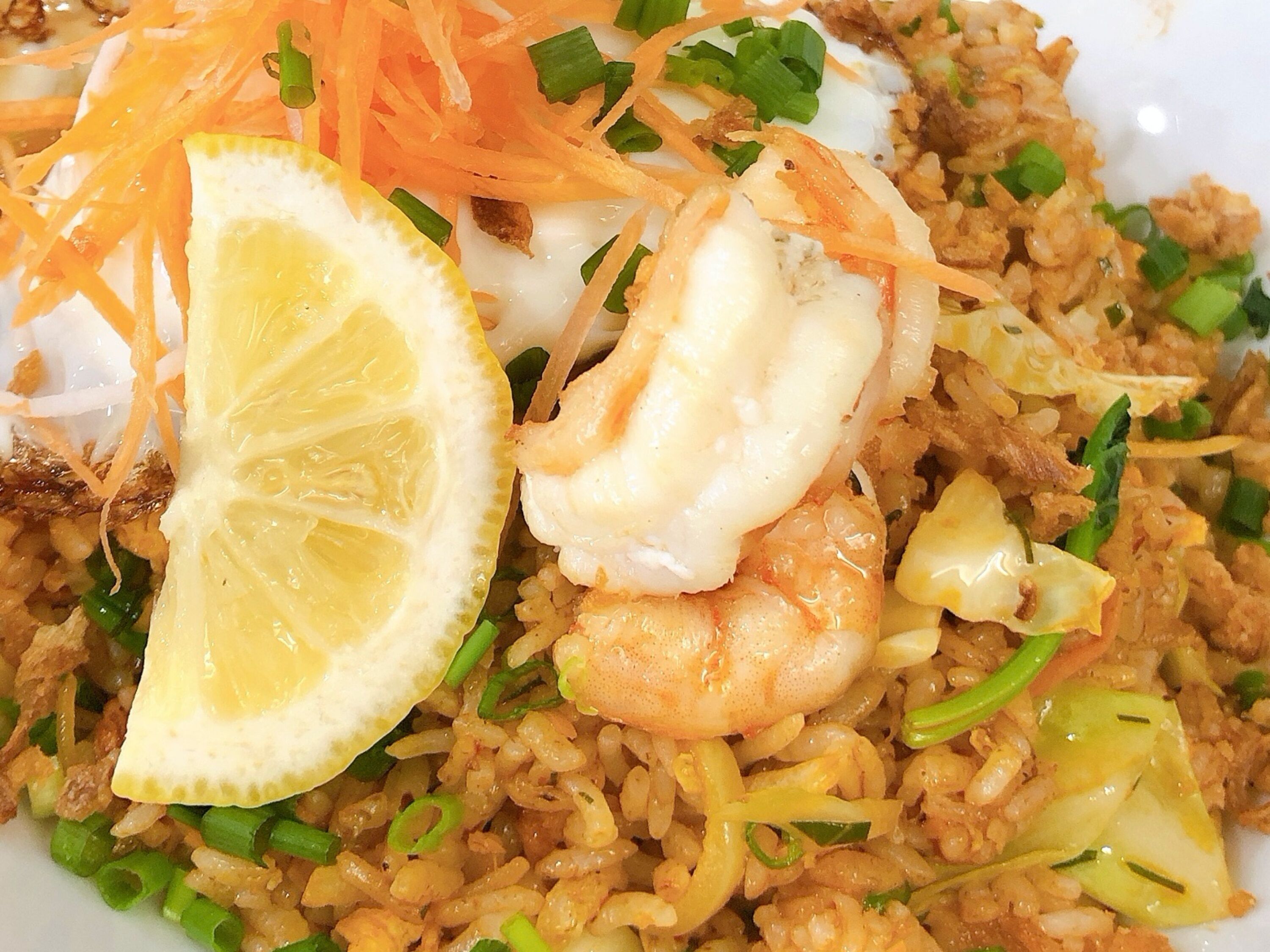 A plate of fried rice with shrimp, egg, and vegetables.