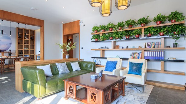 Un salon moderne avec un canapé vert, des fauteuils blancs, une table basse en bois et une bibliothèque agrémentée de plantes et de livres.