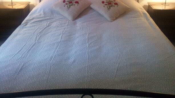 Cama bem arrumada com colcha branca e duas almofadas decorativas, com duas luminárias de cabeceira em mesas de madeira.