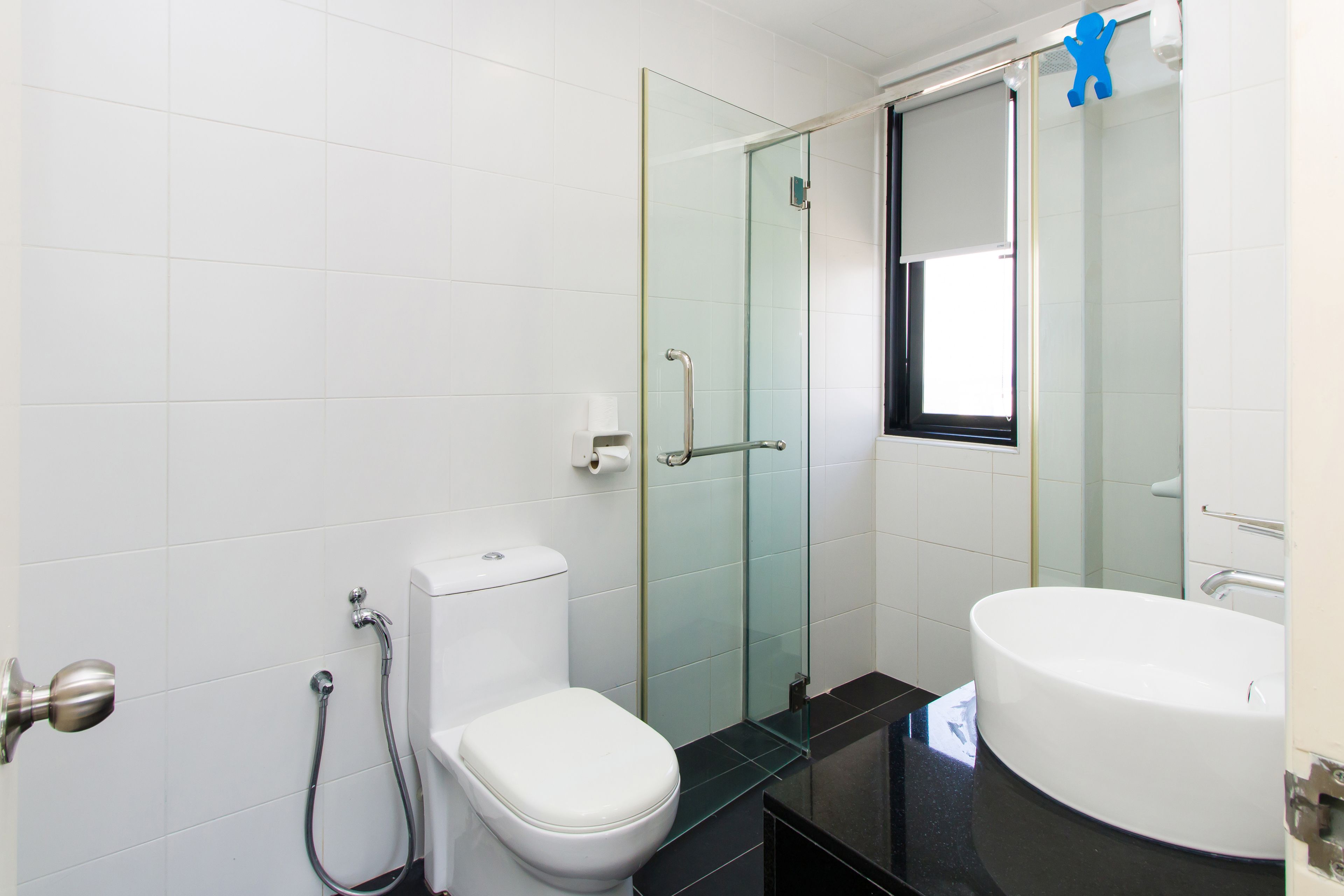 A modern bathroom with a glass shower enclosure, a white toilet, and a large white sink.