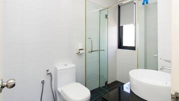 A modern bathroom with a glass shower enclosure, a white toilet, and a large white sink.