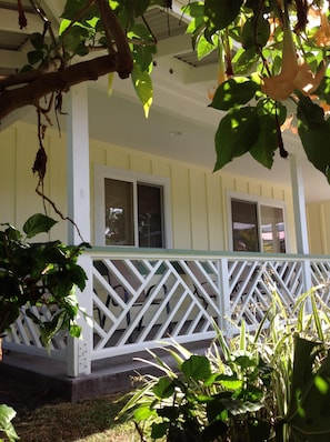 A porch with a white railing, a window, and greenery.