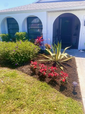 Stroll through the beautifully maintained garden, featuring a variety of plants and a large agave plant.