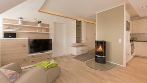 A modern living room with a flat-screen TV, wooden shelving, a sofa, and a fireplace. - Villa Allegra - 2-room-App. for 1-4 persons (20) - Villa Allegra (Binz)