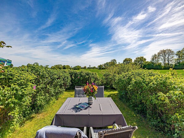 A table set outdoors with a view of a vineyard and trees in the background.