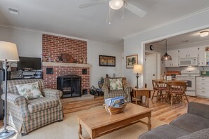 Smart TV, fireplace, books
