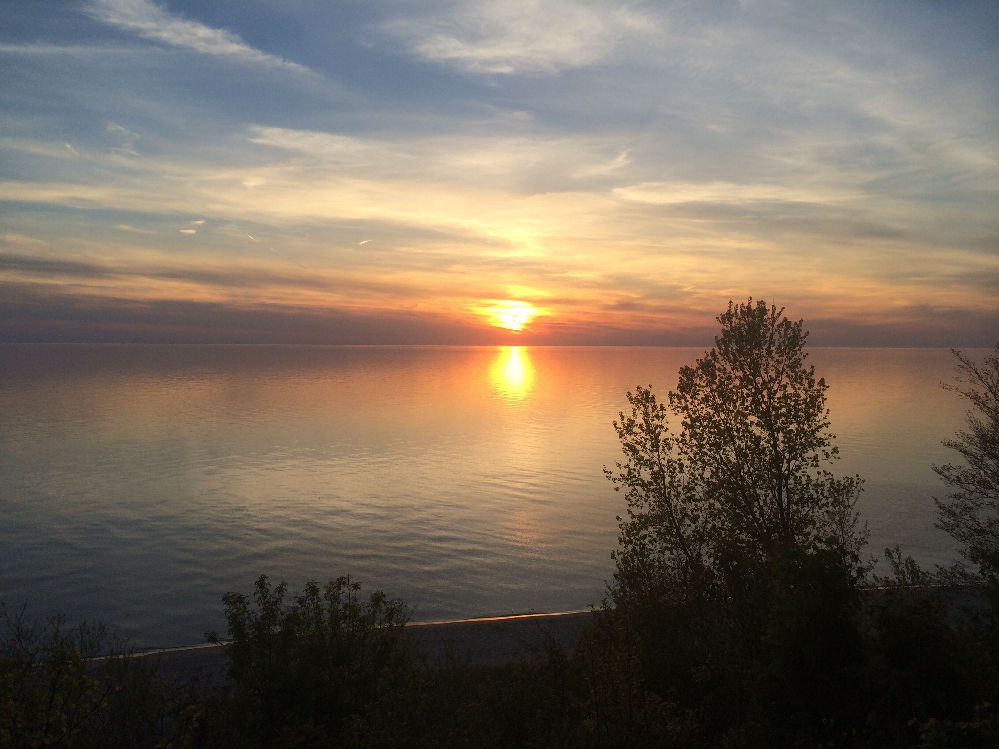 Un atardecer sobre un mar tranquilo, con la silueta de árboles al frente.