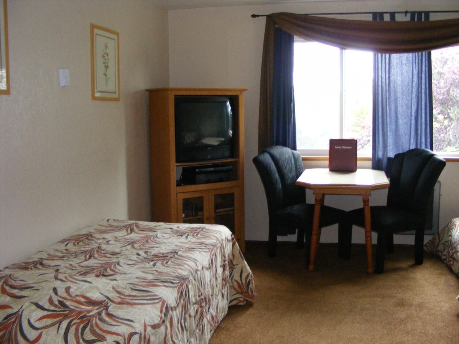 Une chambre d’hôtel avec un lit simple, une télévision, une petite table avec deux chaises et une fenêtre avec des rideaux.