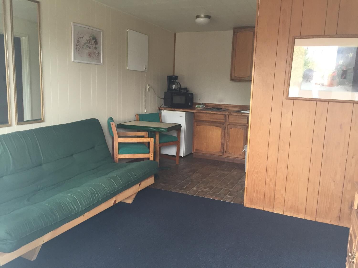 Un espacio habitable compacto con un sofá verde, una pequeña mesa de comedor y una kitchenette.