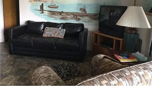 Un salon avec un canapé en cuir noir, un téléviseur posé sur un meuble en bois, une lampe et un tableau représentant un paysage côtier accroché au mur.