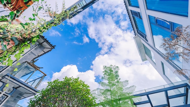 Un bâtiment moderne doté d’une façade en verre, d’un escalier en métal et entouré de verdure.