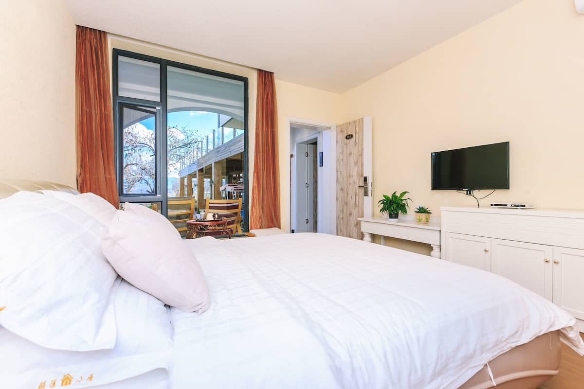 A bedroom with a large bed, a TV, a desk, and a view of a snowy landscape.