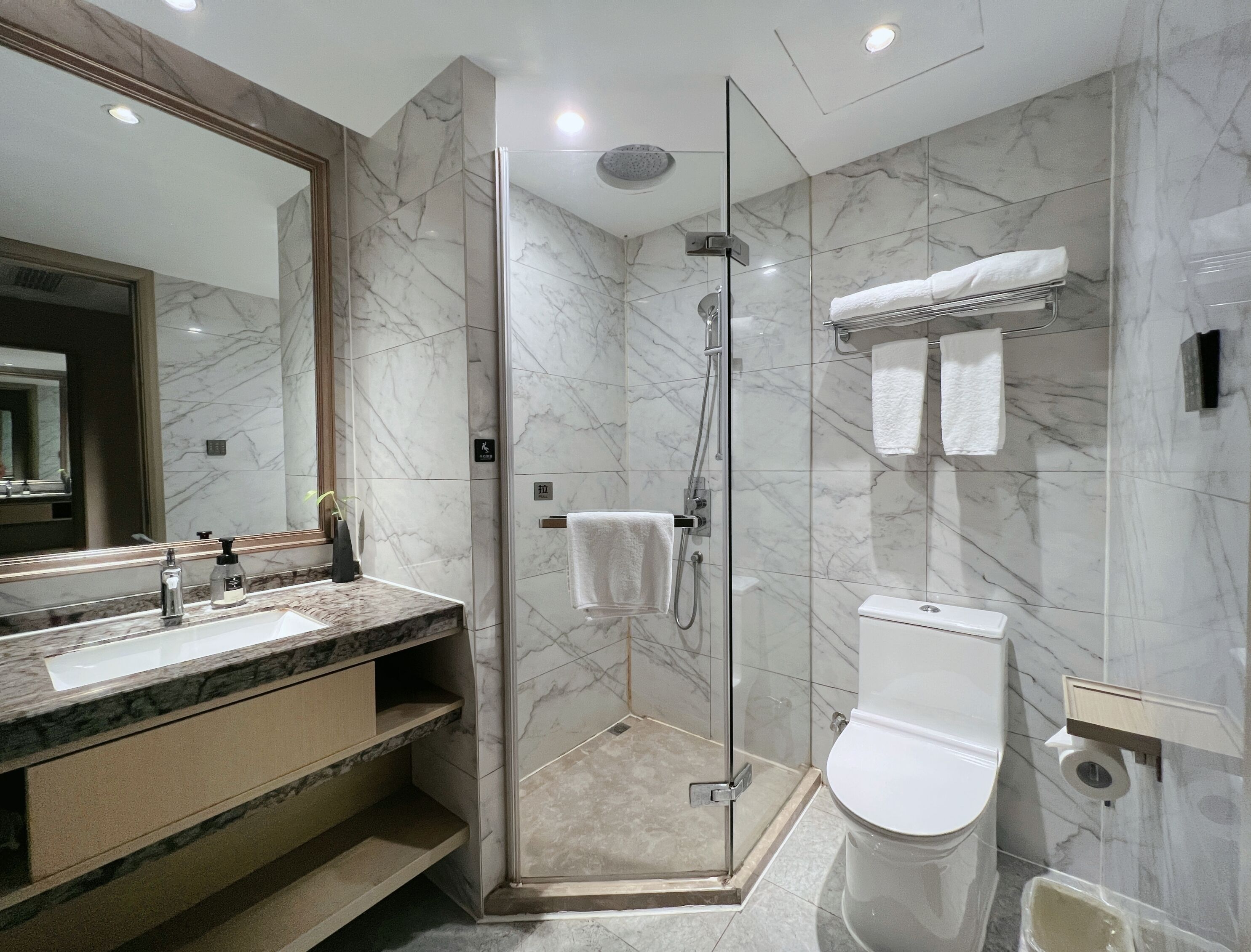 Een moderne badkamer met een douchecabine van glas, een wit toilet en een marmeren wastafelmeubel met een wastafel.
