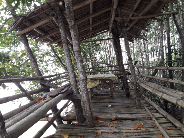 A wooden bridge with a thatched roof structure, surrounded by dense foliage. - Guimaras Mangrove Guesthouse (Nueva Valencia)
