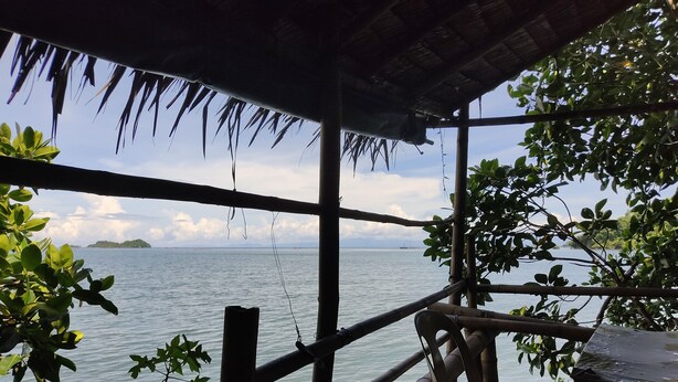 Une terrasse en bois offrant une vue sur la mer, avec des garde-corps en bambou et quelques plantes.