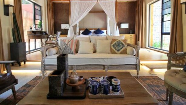 A room with a bed under a canopy, a sofa, a coffee table with tea cups, and a large window.