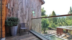 A wooden deck with a glass balustrade overlooking a garden and a pool area.