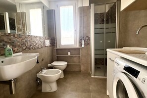 Combined shower/bathtub, bidet, towels