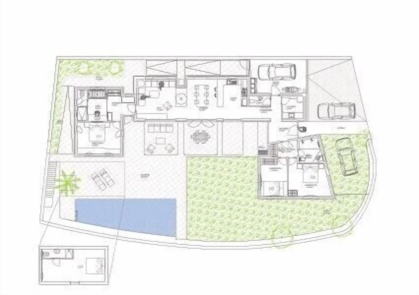 A floor plan of a hotel with multiple rooms, a swimming pool, and a parking area.