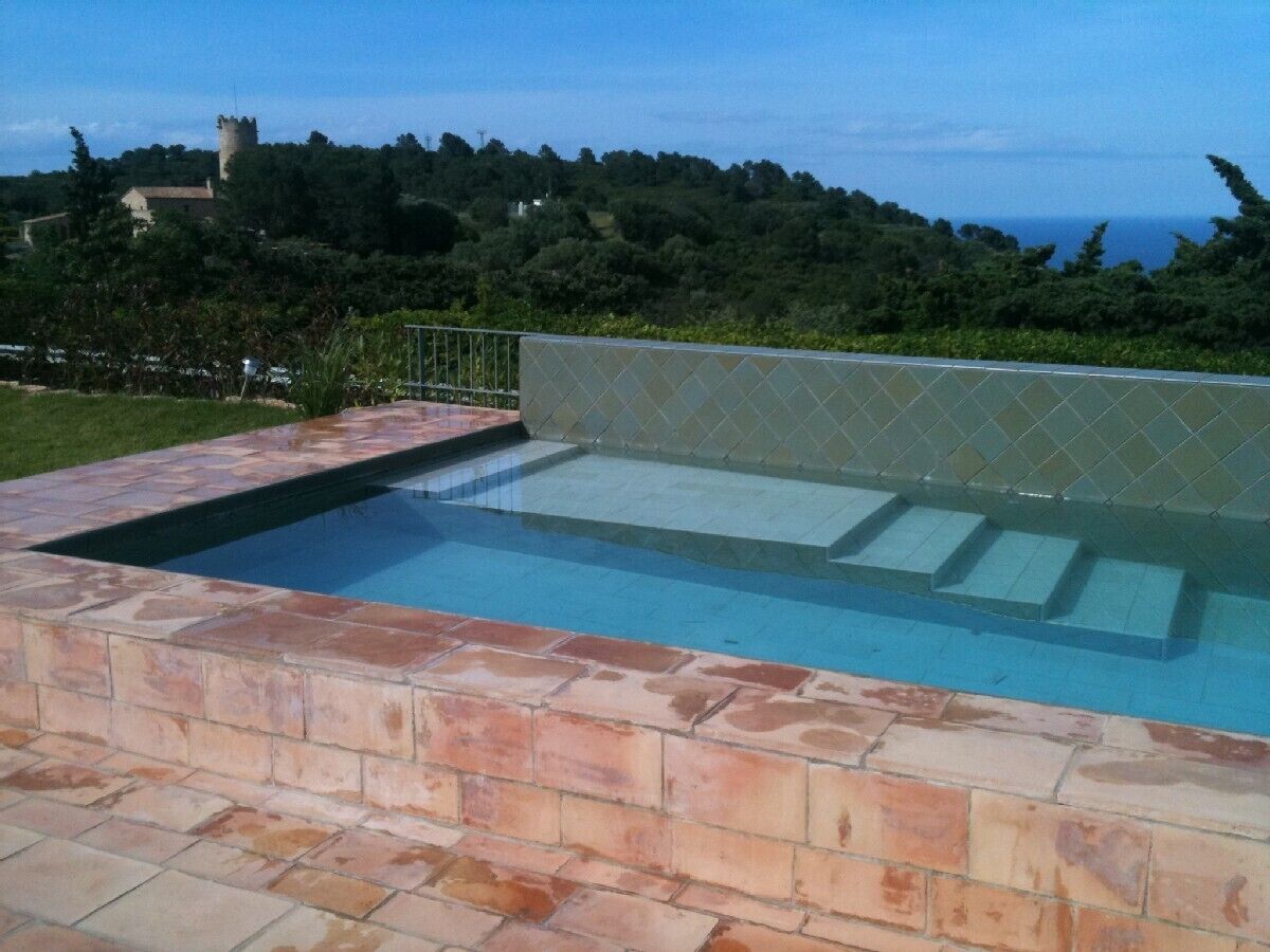 A swimming pool with a stone border, surrounded by a fence, and a view of a castle and trees in the background.
