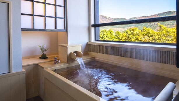 Un jacuzzi con vista a un paisaje montañoso a través de un ventanal.