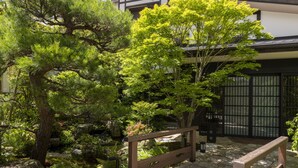 Un jardín japonés tradicional con un banco de madera, un sendero de piedra y varios árboles.