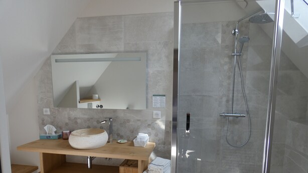 Een moderne badkamer met een vrijstaand wastafelmeubel, een grote spiegel en een douchecabine met glazen wanden.