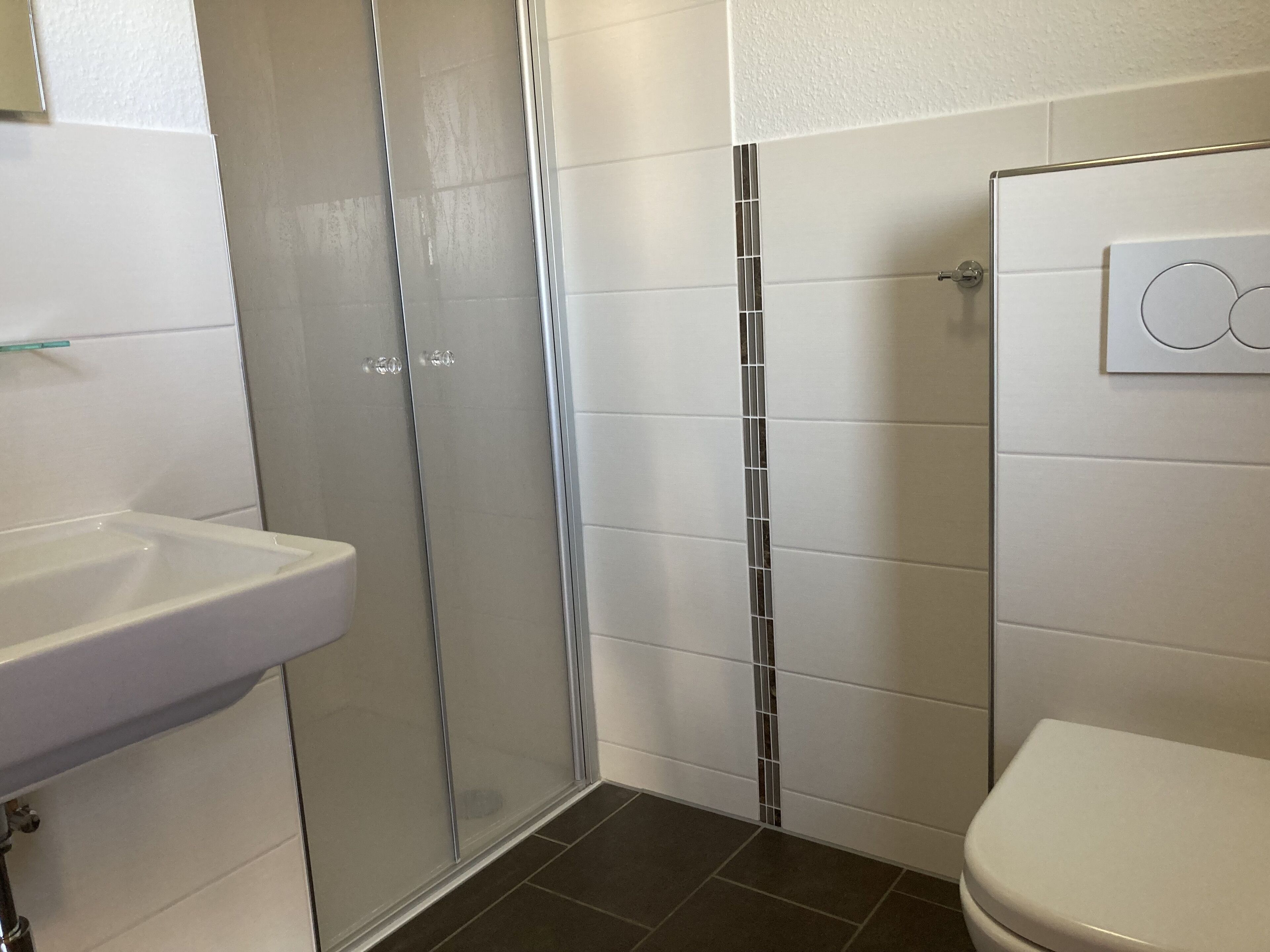 A bathroom with a glass shower enclosure, a white sink, and a toilet.