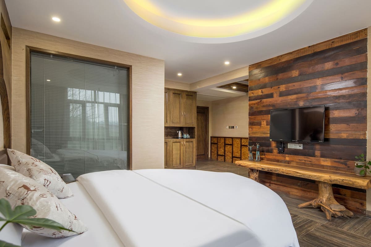 Un dormitorio moderno con una cama grande, una pared de acento de madera, un televisor y una pequeña kitchenette.