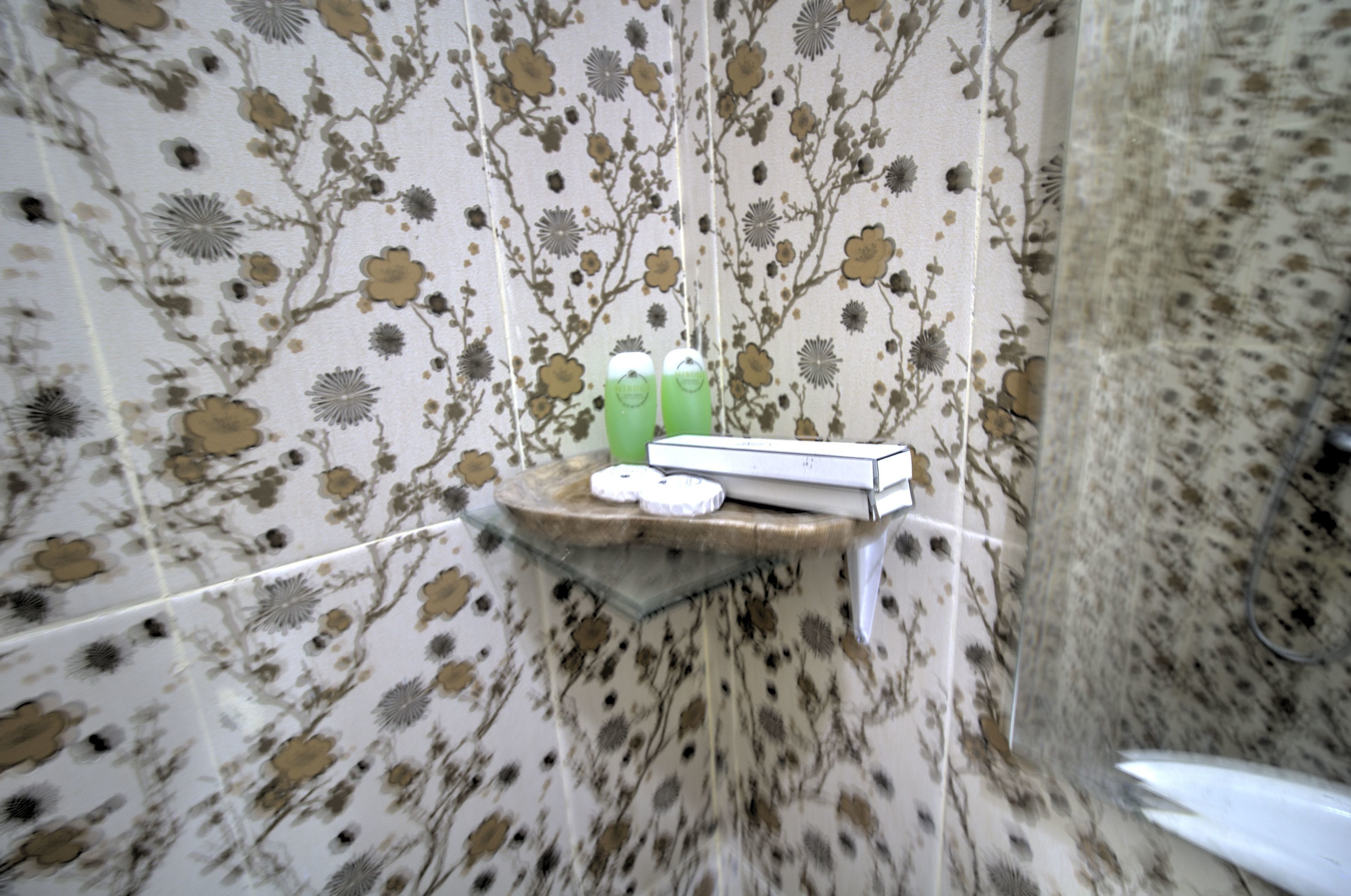 A bathroom with floral patterned tiles, a small shelf with toiletries, and a shower area.