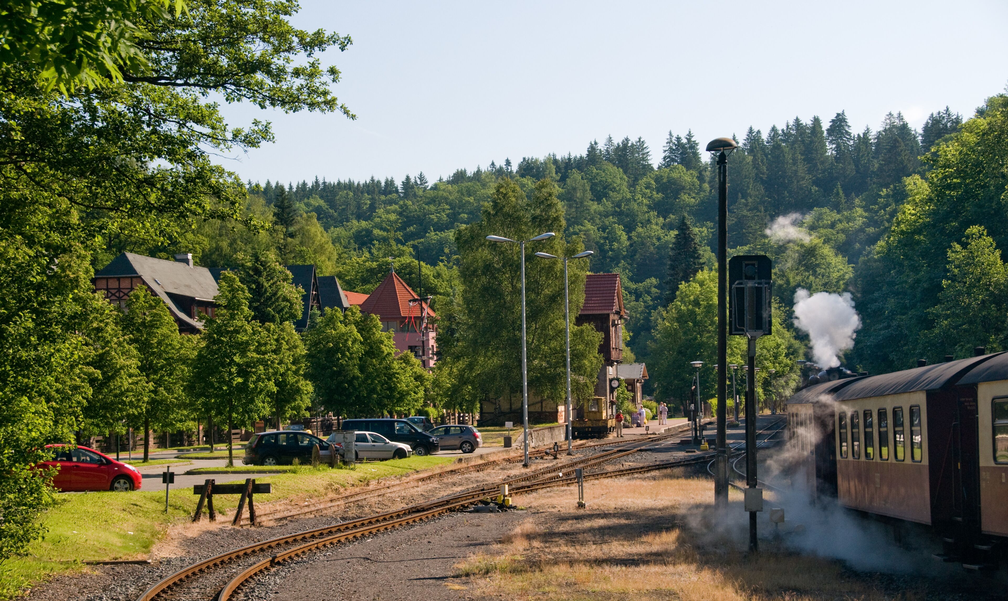A train station with a steam locomotive, tracks, and a forested hillside in the background.