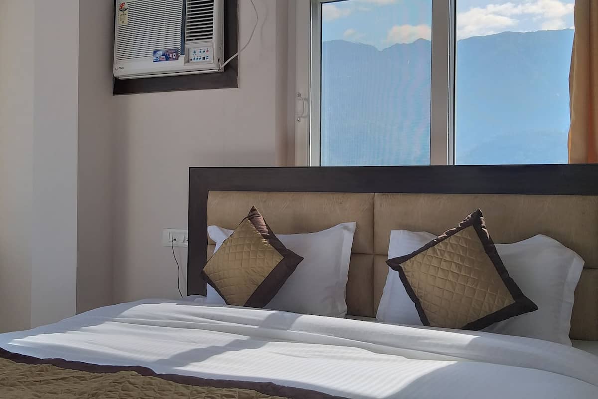 A hotel room with a bed, air conditioning unit, and a window with a mountain view.