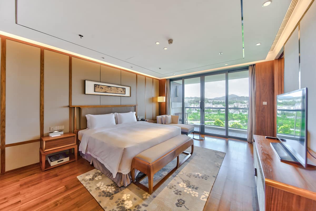 A modern bedroom with a large bed, a TV, and a view of the city.